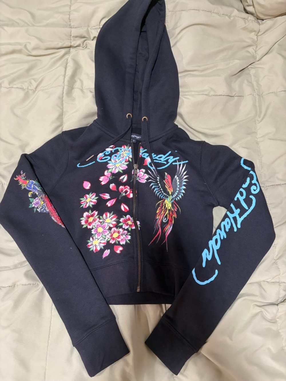 Ed Hardy Black Hoodie with Colorful Phoenix & Floral Embroidery